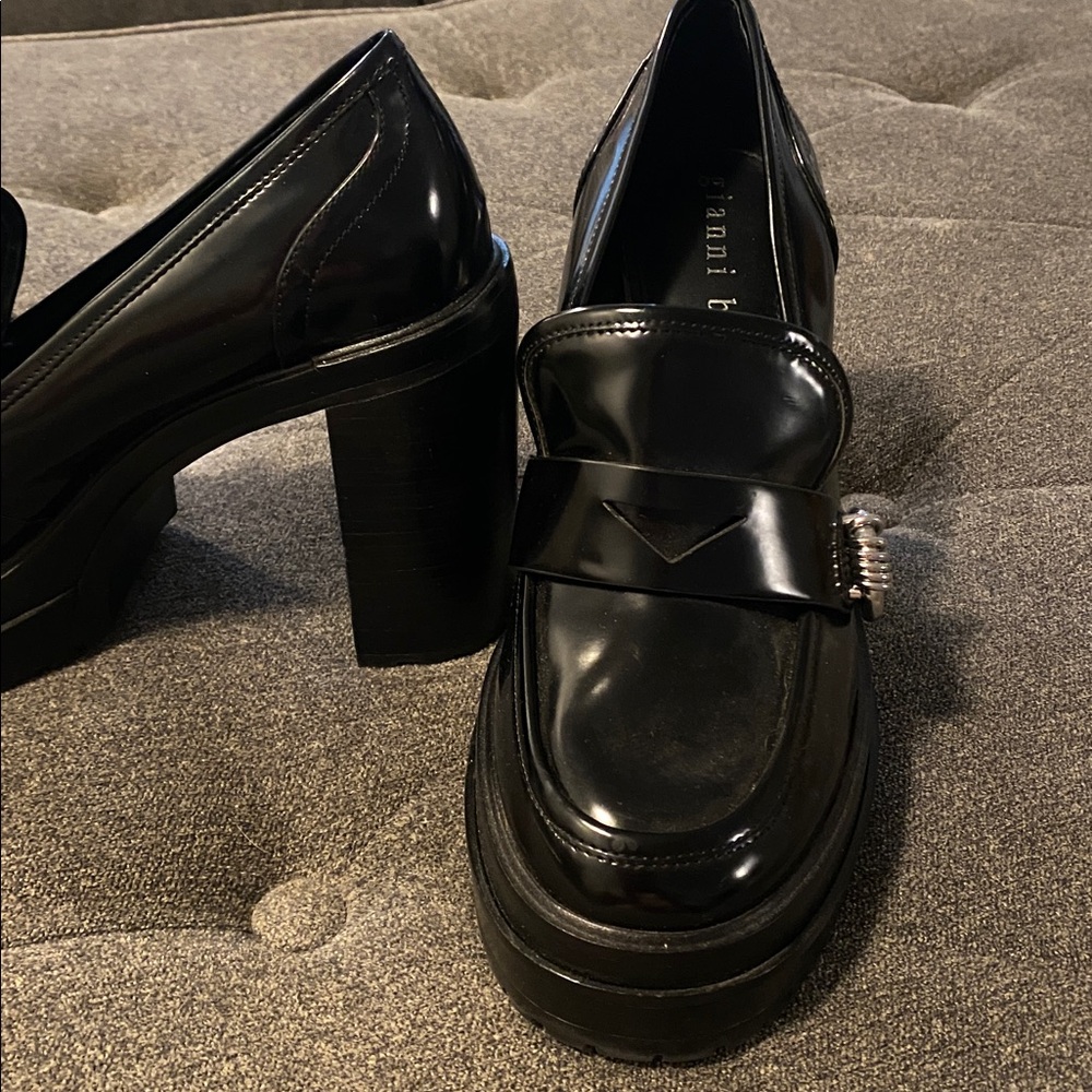 EXCELLENT CONDITION Black Patent Chunky Heel Loafers with Silver Accent